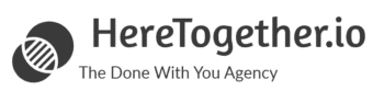 Here-Together a black and white logo combination mark with venn diagram icon and slogan the-done-with-you-agency