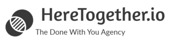 Here-Together a black and white logo combination mark with venn diagram icon and slogan the-done-with-you-agency